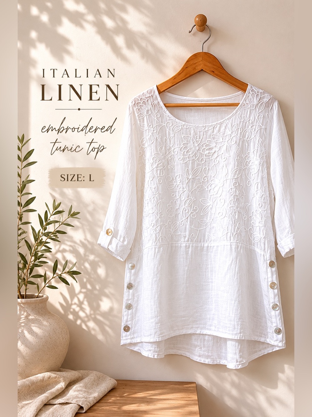 Italian Linen Embroidered Button Detail Tunic Top White Size L